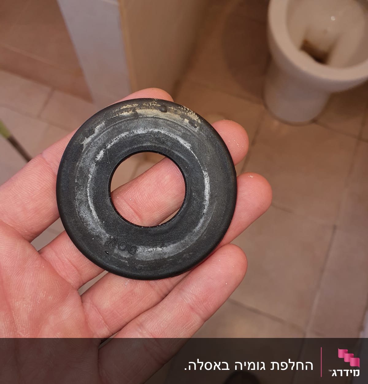 אדם מחזיק אטם גומי שחור ליד אסלה